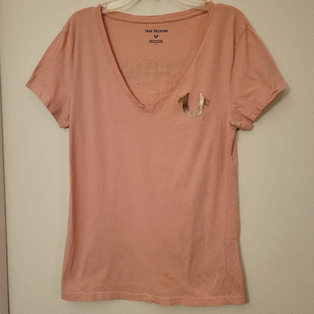 True Religion Pink Slim Gold Metallic V Neck, Size S